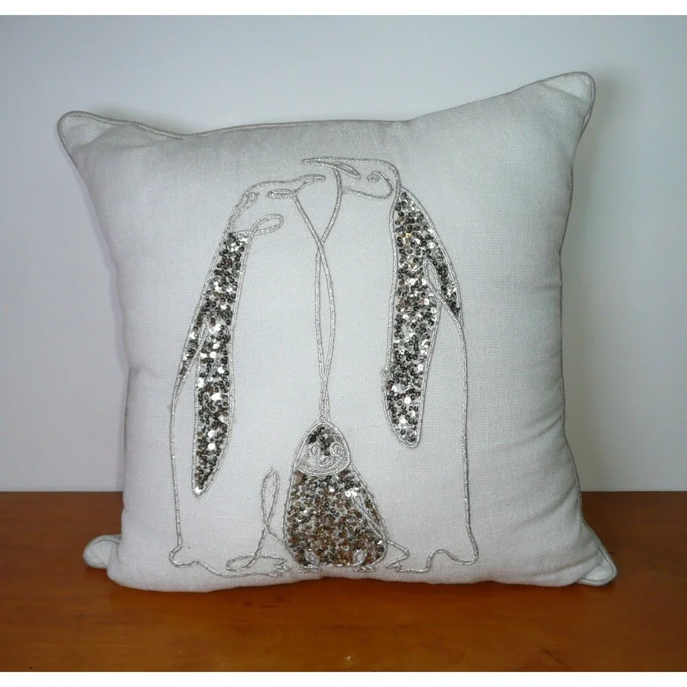 Penguin Family Throw Pillow Beaded Natural w/Silver Sequin 18